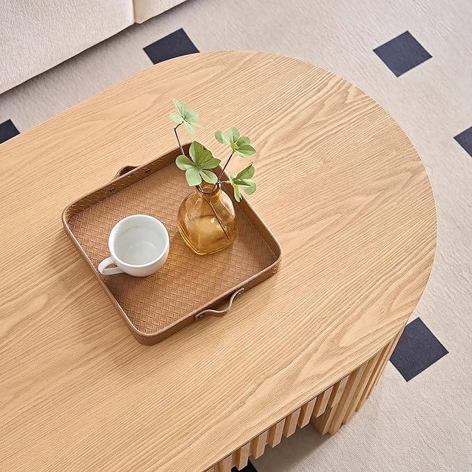 51.18'' Oval Coffee Table for Living Room Fluted Center Table with Drawer, Mid Century Modern Coffee Tables, Easy Assembly for Office Storage Tea Table Oak-CasaMuseHome