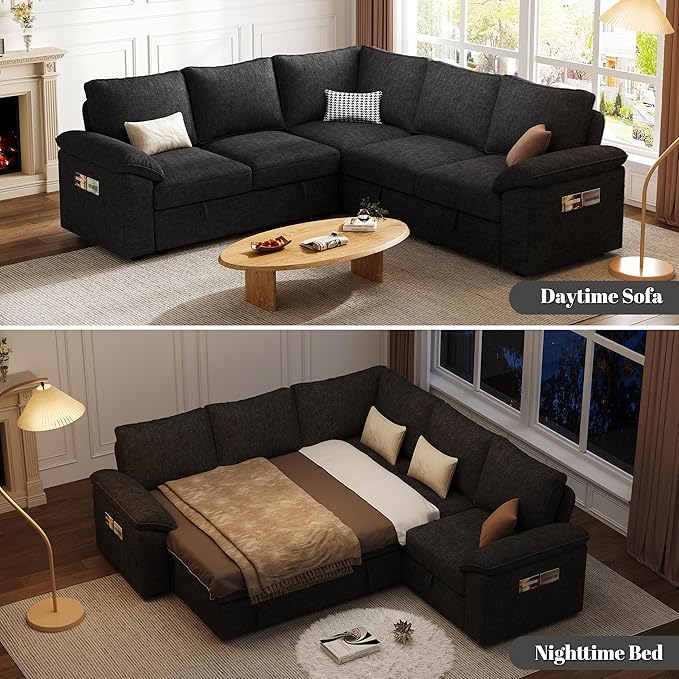 85 Inch Modular Sectional Sofa with Pull Out Bed,L Shaped 5 Seat Sectional Sleeper Sofa with Storage,Sectional Couches for Living Room,Cloud Modular Couch,Removable Sofa Cover,Black-CasaMuseHome