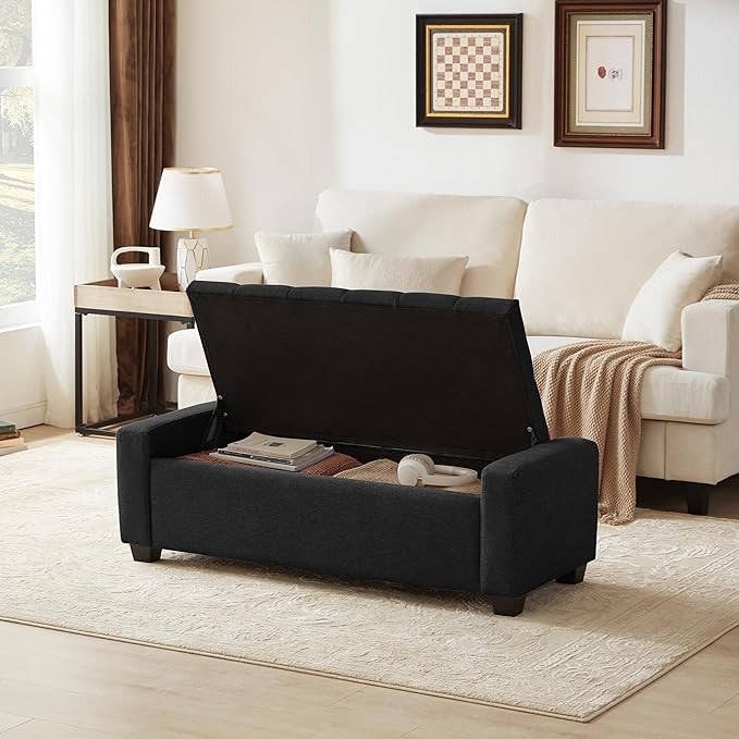 48" Ottoman with Storage, Black Storage Ottoman Bench with Safety Hinge, Upholstered Entryway Bench with Seating for Bedroom, Living Room, Holds up to 330 lb-CasaMuseHome
