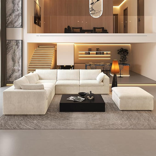 118" 6-Seater Cloud Sofa,Modular Sectional Couch with Ottoman,Modern Deep Seat Upholstered Couches with Plush Corduroy Fabric for Living Room Furniture,Bedroom and Apartment,No Assembly Required,White-CasaMuseHome