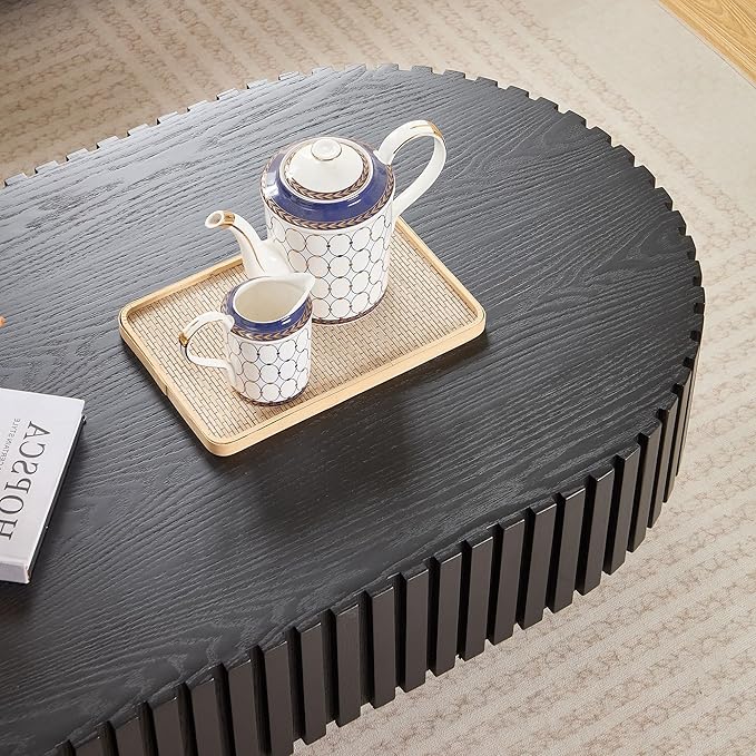 43.7" Oval Coffee Table for Living Room,Modern Handcraft Drum Coffee TableSmall Wooden Coffee Table with Sturdy Pedestal Easy Assembly for Office-Black-CasaMuseHome