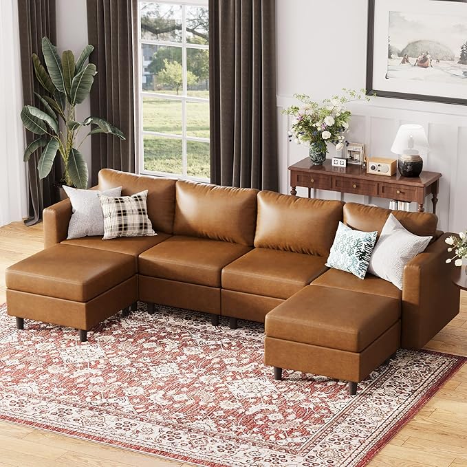 ABCASA 118.5" Oversized Modular Sectional Sofa, Faux Leather 6 Seater U Shaped Couch with Movable Ottoman and Storage Seat with Reversible Chaise Deep Seat for Living Room Brown-CasaMuseHome