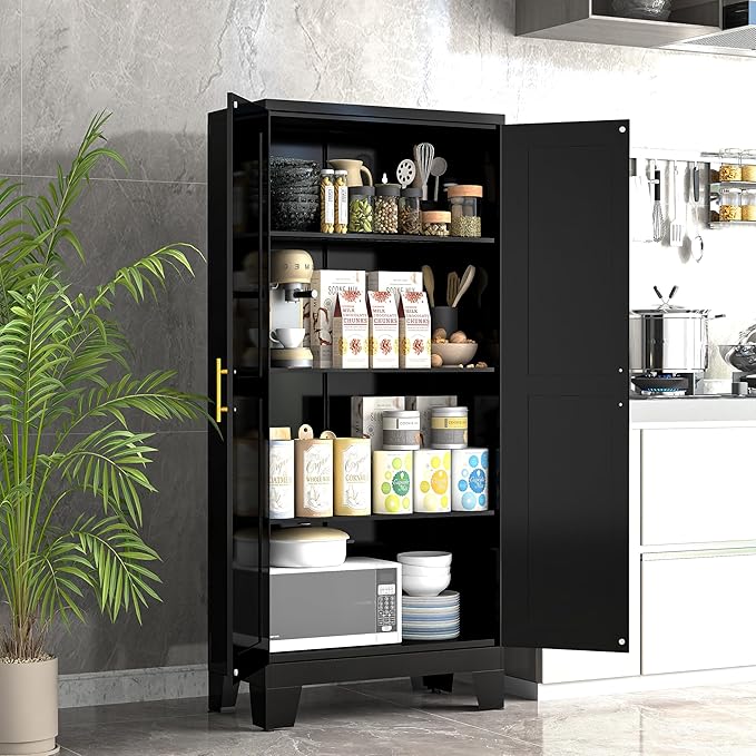 61.02" Kitchen Pantry Cabinet, Pantry Storage Cabinet with 2 Doors and Adjustable Shelves, Black Food Storage for Kitchen, Living Room, Bedroom and Dining Room (Black) Metal Sideboard-CasaMuseHome
