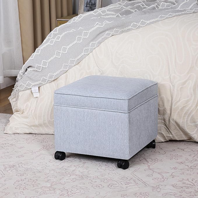 Adeco 17.5" Square Fabric Ottoman with Storage, Upholstered Cotton Linen Foot Rest, Flip Top Footstool, Small Cube Coffee Table Extra Seat for Living Room, Bedroom, Ice Blue with Rolling Legs-CasaMuseHome