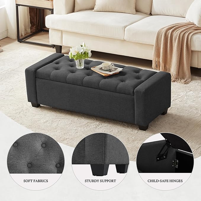 48" Ottoman with Storage, Storage Ottoman Bench with Safety Hinge, Upholstered Entryway Bench with Seating for Bedroom, Living Room, Holds up to 330 lb, Dark Gray-CasaMuseHome