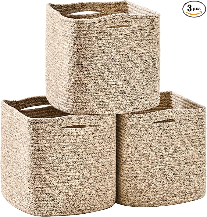11 Inch Cube Storage Bins, Storage Cube Organizer Bins, Woven Cotton Rope Baskets for Storage, Storage Basket for Organizing Shelves, Square Baskets for Toys Nursery, Brown (Pack of 3)-CasaMuseHome