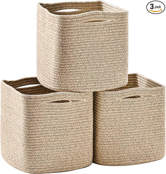 11 Inch Cube Storage Bins, Storage Cube Organizer Bins, Woven Cotton Rope Baskets for Storage, Storage Basket for Organizing Shelves, Square Baskets for Toys Nursery, Brown (Pack of 3)-CasaMuseHome