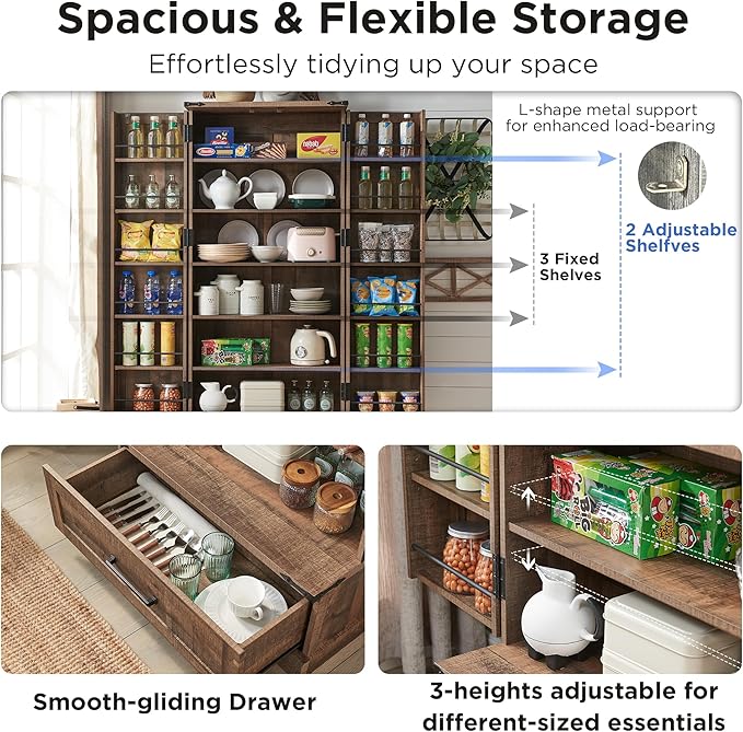 72" Farmhouse Kitchen Pantry Cabinet With Drawer, Tall Storage With 2 Barn Doors and Shelves, Versatile Large Rustic for Dining Room, Bathroom, Living Room, Rustic Brown-CasaMuseHome