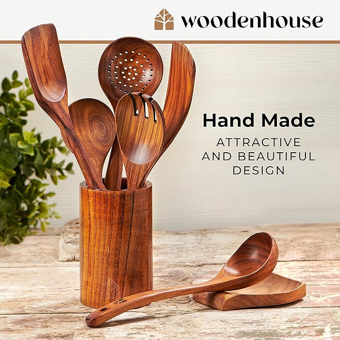 8 Pcs Teak Wooden Utensil Set with Holder, Spoon Rest & 6 Hooks - Durable Wooden Spoons for Cooking with Comfort Grip - Effortless Clean, Non-Stick Friendly-CasaMuseHome