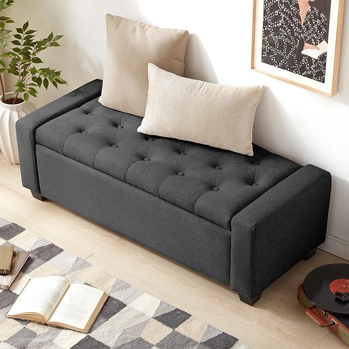 48" Ottoman with Storage, Storage Ottoman Bench with Safety Hinge, Upholstered Entryway Bench with Seating for Bedroom, Living Room, Holds up to 330 lb, Dark Gray-CasaMuseHome