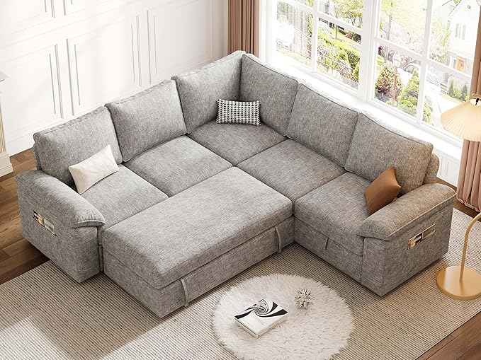 85 Inch Modular Sectional Sofa with Pull Out Bed,L Shaped 5 Seat Sectional Sleeper Sofa with Storage,Sectional Couches for Living Room,Cloud Modular Couch,Removable Sofa Cover,Light Gray-CasaMuseHome