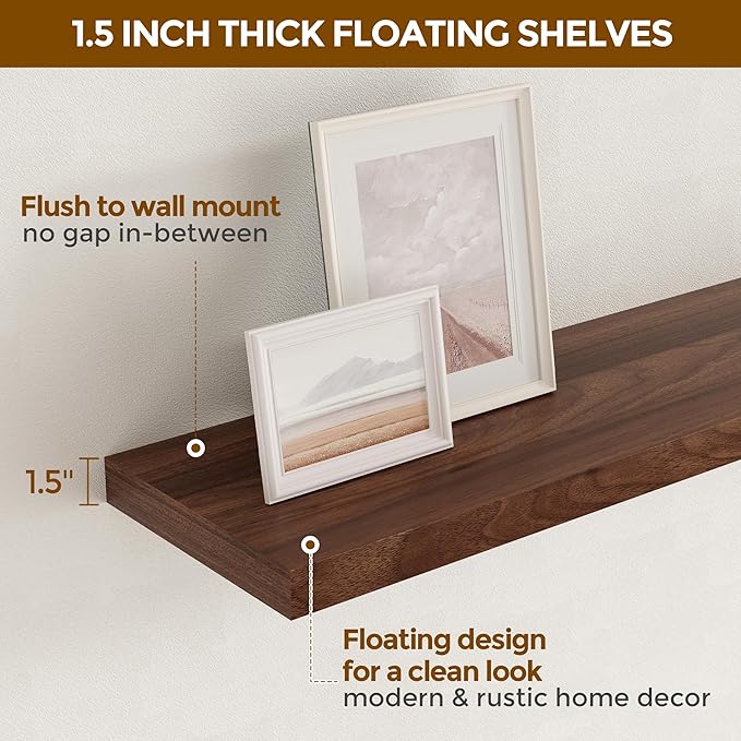 24 x 9 Floating Shelves, 9 Inch Deep Floating Shelf Wall Mounted, 24 Inch Bathroom Shelves Set of 2, Rustic Wood Wall Shelf for Bedroom, Living Room, Walnut Color-CasaMuseHome