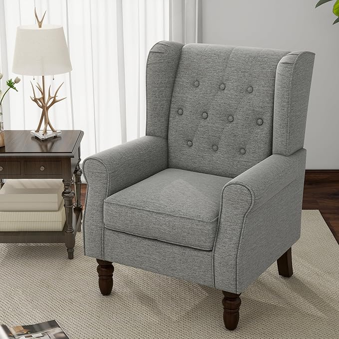 Accent Chair, Upholstered Armchair with Button Tufted High Back & Solid Wood Legs, Comfy Wingback Reading Single Sofa Chair for Small Spaces, Living Room, Bedroom (Light Grey, Set of 1)-CasaMuseHome