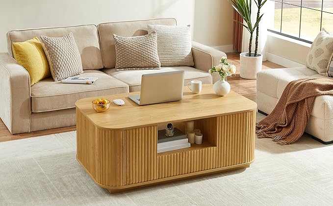 46.5" Oval Coffee Table with Drawers and Storage Mid Century Modern Fluted Solid Wood Side Coffee Tables, Luxury Tea Table Center Table for Living Rooms Offices Apartmen, Natural-CasaMuseHome