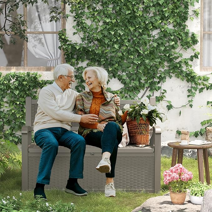 70 Gallon Storage Bench Deck Box for Patio Furniture with Armrest Bench Outdoor Storage-CasaMuseHome