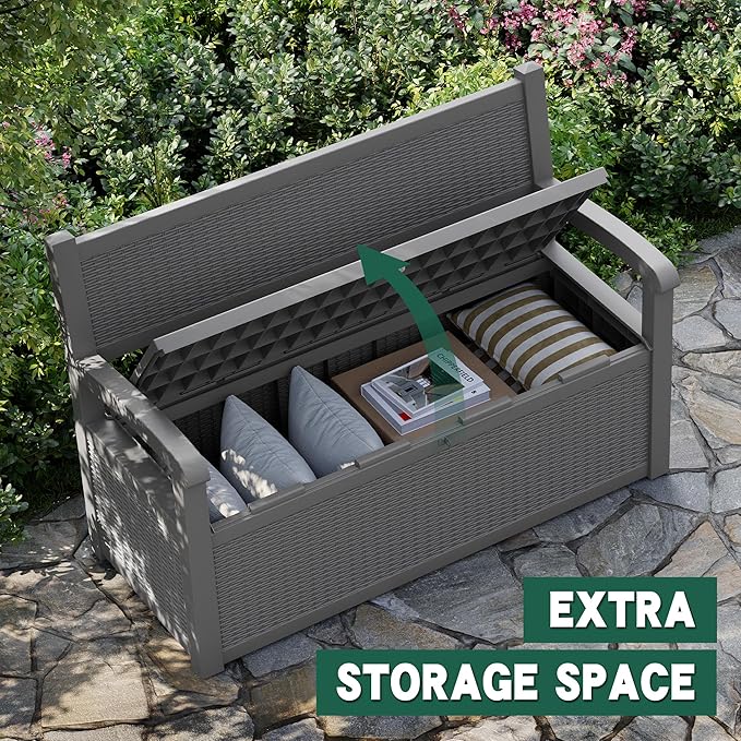 70 Gallon Outdoor Storage Bench Deck Box Lockable for Patio Furniture, Outdoor Porch Bench with Storage Waterproof for Cushions, Garden Tools and Pool Supplies, Grey-CasaMuseHome