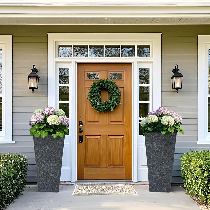 28" Large Tall Square Planters for Outdoor Plants, Set of 2 V-Shaped Planter Box with Black Terrazzo Look, Durable and Weather Resistant, Ideal or Garden, Patio, Porch or Home use.-CasaMuseHome