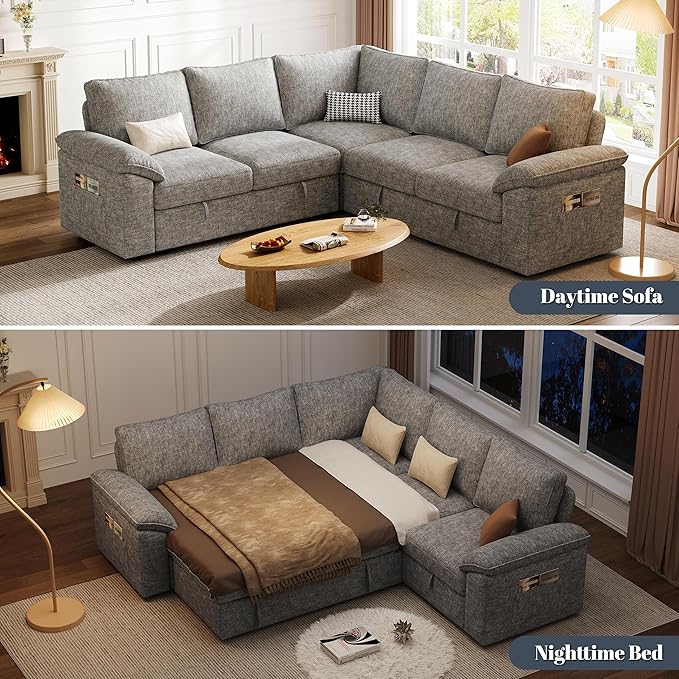85 Inch Modular Sectional Sofa with Pull Out Bed,L Shaped 5 Seat Sectional Sleeper Sofa with Storage,Sectional Couches for Living Room,Cloud Modular Couch,Removable Sofa Cover,Light Gray-CasaMuseHome