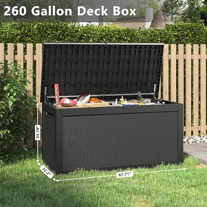 260 Gallon Resin Deck Box, Large Indoor and Outdoor Storage Box, Weatherproof and UV Resistant Outdoor Storage Box with Built-in Steel Beams for Patio Cushions, Pool Supplies-CasaMuseHome