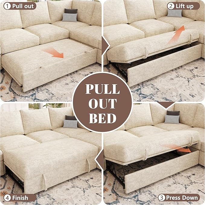 85 Inch Sectional Sleeper Sofa with Pull Out Bed,L Shaped 5 Seat Modular Sectional Sofa with Storage,Sectional Couches for Living Room,Cloud Modular Couch,Removable Sofa Cover,Beige-CasaMuseHome