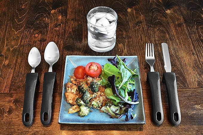 Adaptive Eating Utensils by Celley for Elderly, Handicapped | 4pc Easy Grip Silverware Stainless Steel Knife, Fork, 2 Spoons – (Black)-CasaMuseHome