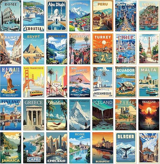 97 Decor Vintage Travel Decor - Travel Posters Wall Art Prints, Vintage Postcards from Around The World, City Landscape Aesthetic Pictures Retro Popular Cities Photo Collage Kit for Teen Bedroom (4x6)-CasaMuseHome