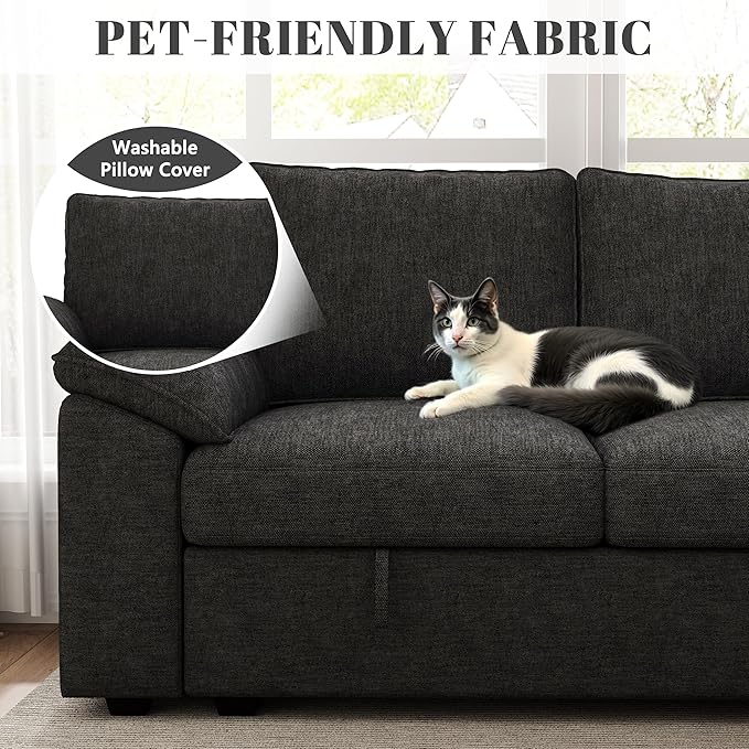 85 Inch Modular Sectional Sofa with Pull Out Bed,L Shaped 5 Seat Sectional Sleeper Sofa with Storage,Sectional Couches for Living Room,Cloud Modular Couch,Removable Sofa Cover,Black-CasaMuseHome