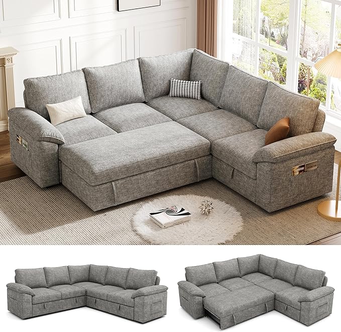 85 Inch Modular Sectional Sofa with Pull Out Bed,L Shaped 5 Seat Sectional Sleeper Sofa with Storage,Sectional Couches for Living Room,Cloud Modular Couch,Removable Sofa Cover,Light Gray-CasaMuseHome