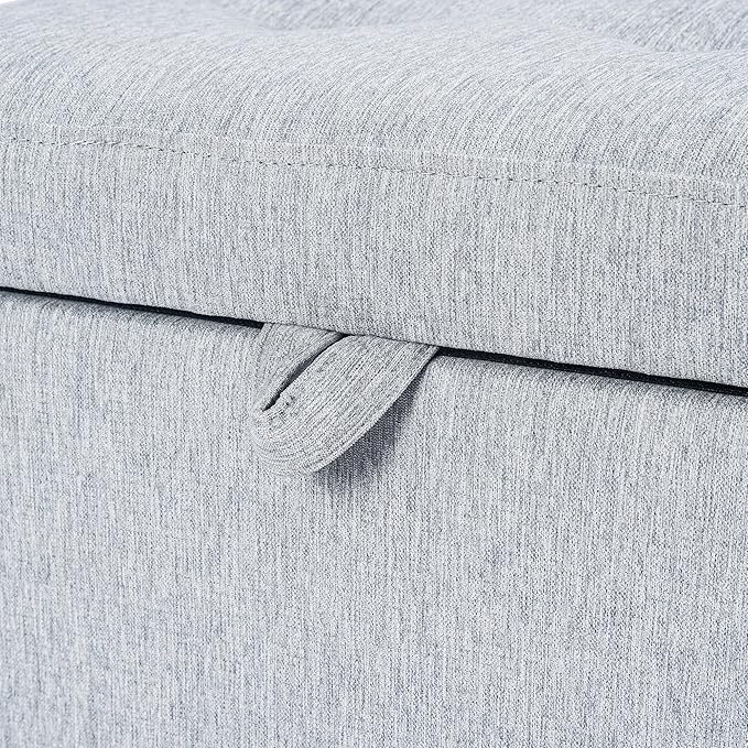 Adeco 18 Inch High Cube Ottoman Storage, Linen Chair Foot Stools, Upholstered Vanity Stool with Hinged Lid, Solid Wood Legs-CasaMuseHome