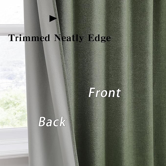 102 Inch Long Linen Blended Blackout Curtains 2 Panels, Back Tab Pleated Look Drapes for Track System with Hooks, Noise Reducing Country Blackout Winodw Curtains 50x102-Loden/Olive Green-CasaMuseHome