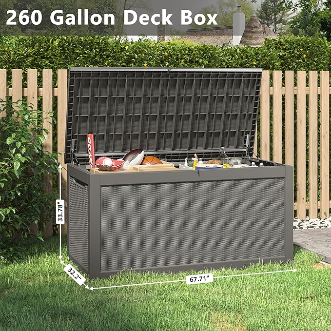 260 Gallon Resin Deck Box, Large Indoor and Outdoor Storage Box, Weatherproof and UV Resistant Outdoor Storage Box with Built-in Steel Beams for Patio Cushions, Pool Supplies-CasaMuseHome