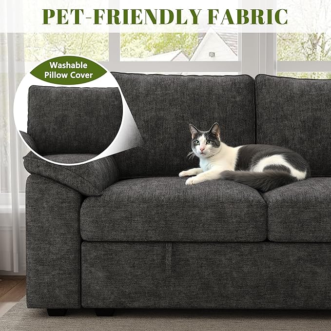 85 Inch Modular Sectional Sofa with Pull Out Bed,L Shaped 5 Seat Sectional Sleeper Sofa with Storage,Sectional Couches for Living Room,Cloud Modular Couch,Removable Sofa Cover,Dark Grey-CasaMuseHome