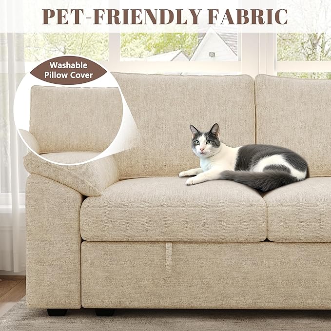 85 Inch Sectional Sleeper Sofa with Pull Out Bed,L Shaped 5 Seat Modular Sectional Sofa with Storage,Sectional Couches for Living Room,Cloud Modular Couch,Removable Sofa Cover,Beige-CasaMuseHome