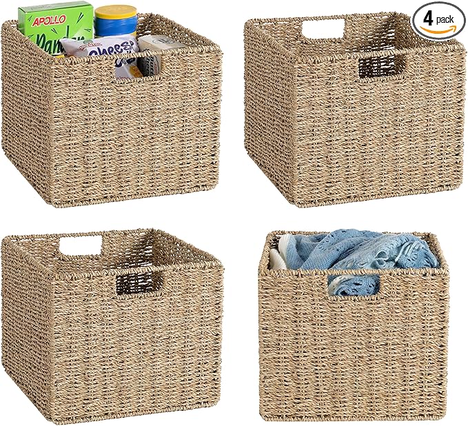 12x12x10in Seagrass Storage Baskets Set of 4, Large Wicker Storage Basket, Decorative Seagrass Shelf Basket, Pantry Baskets Organization,Folding Storage Cube Bins-CasaMuseHome