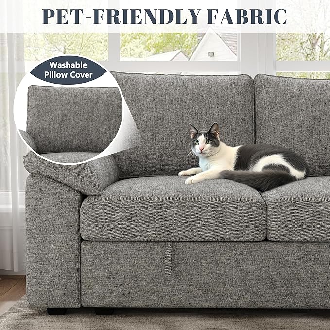 85 Inch Modular Sectional Sofa with Pull Out Bed,L Shaped 5 Seat Sectional Sleeper Sofa with Storage,Sectional Couches for Living Room,Cloud Modular Couch,Removable Sofa Cover,Light Gray-CasaMuseHome